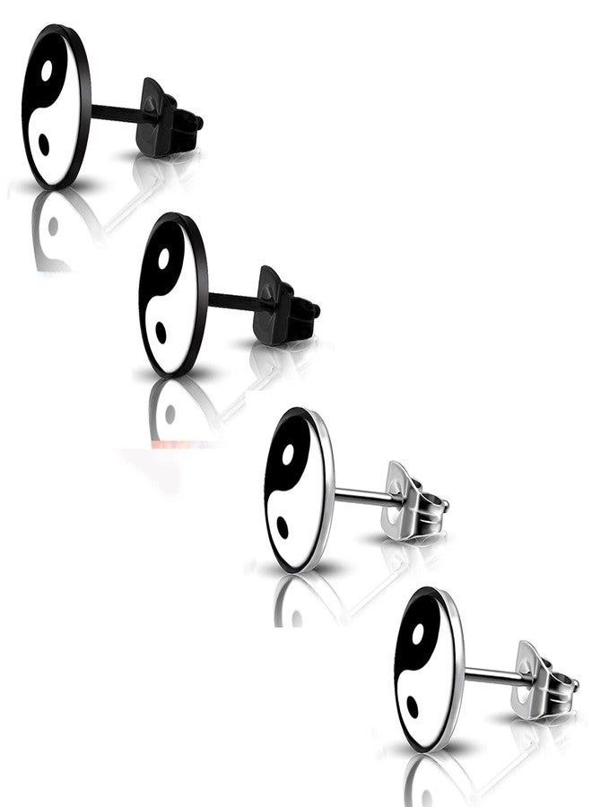 SIISPRI 316L Surgical Stainless Steel Yin Yang Round Circle Button Stud Post Earrings 10MM (black+silver) - Image 5